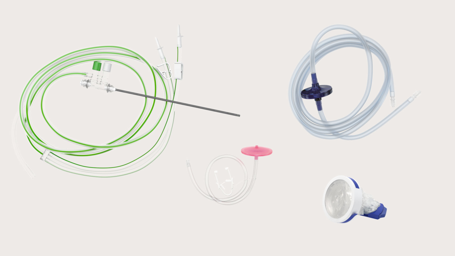 serie di componenti del set per laparoscopia: guaina per videocamera, tubo per insufflazione, filtro anti-fumi